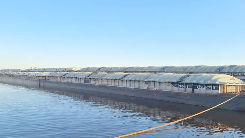 Convoy de barcazas graneleras amarrado al amanecer sobre el río Paraguay